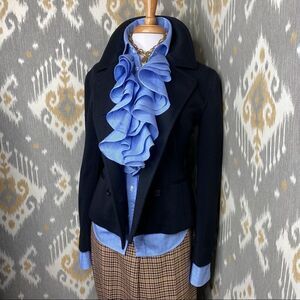 Ralph Lauren Triple Ruffle Blue Pin Stripe Cotton Stretch Jabot Blouse